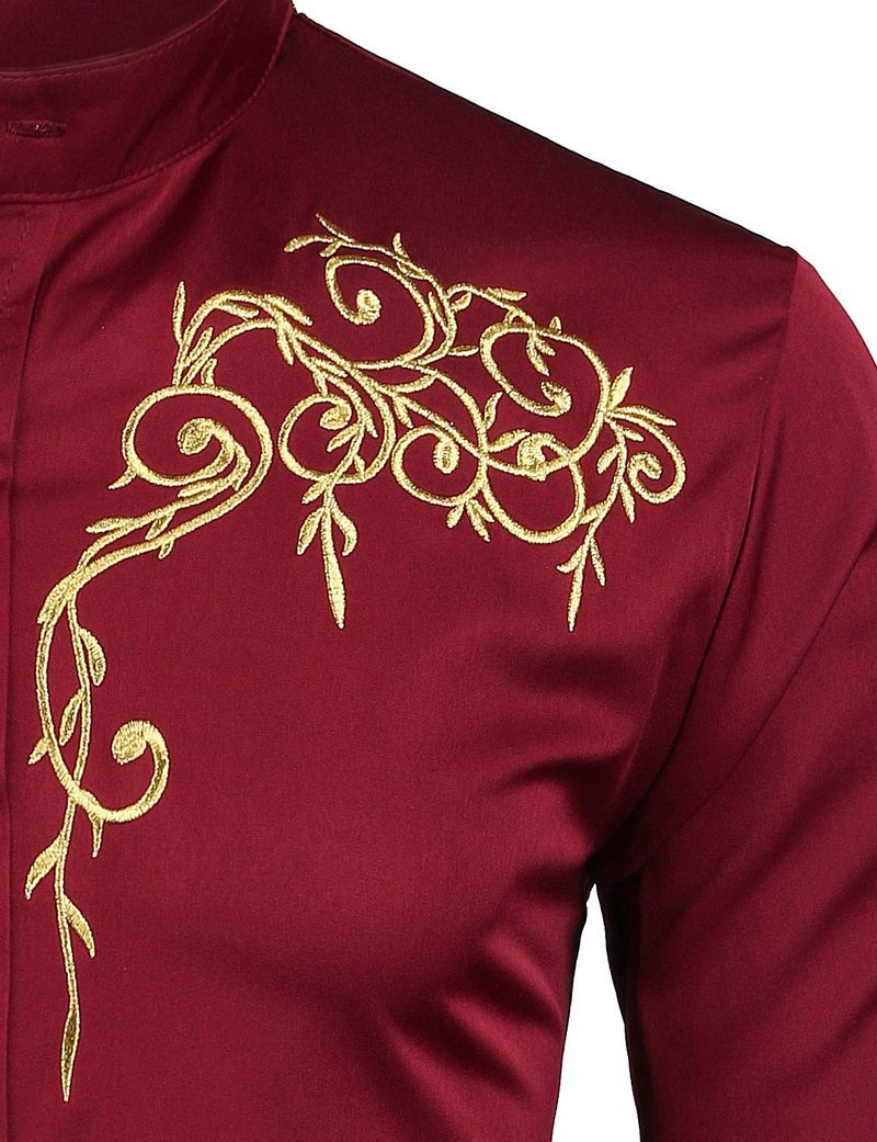 ZEROYAA Mens Hipster Design Golden Floral Embroidery Slim Fit Long Sleeve Mandarin Collar Shirts Tops ZZCL08 Burgundy Medium - Image 4